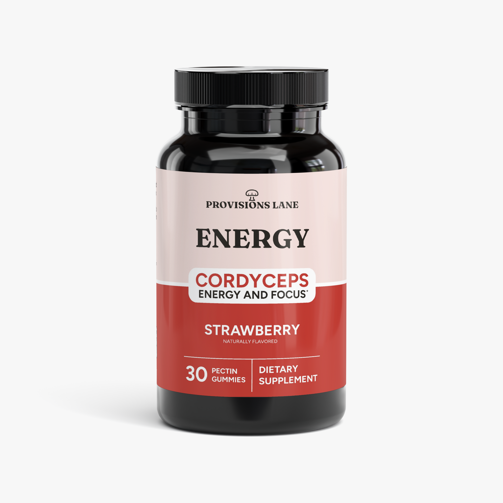 A black plastic bottle of Provisions Lane Energy Cordyceps dietary supplement gummies, featuring a pink and red label with white text, on a light gray background.